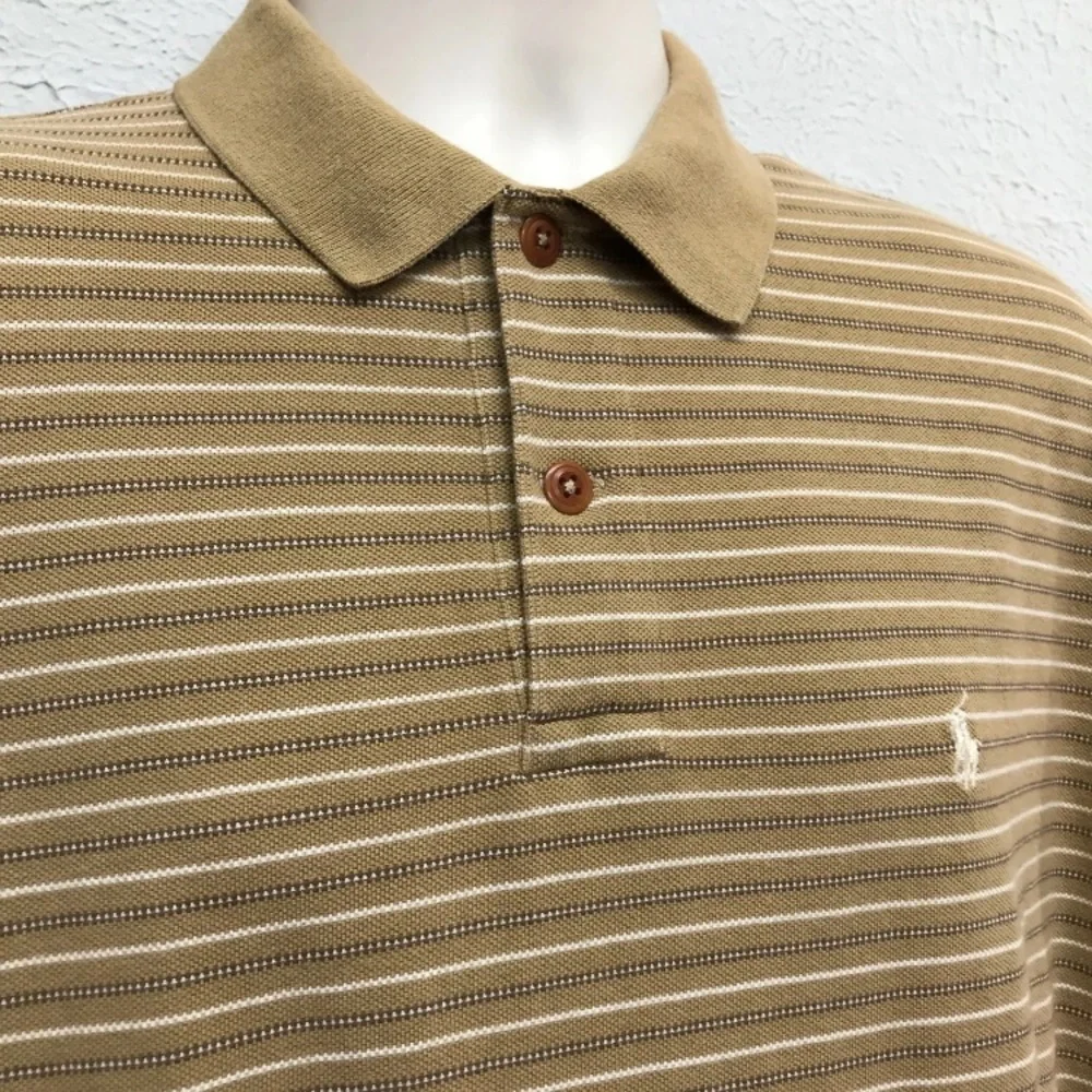 VTG‎ Polo Sport Sportsman Shirt Mens L Tan Striped Cotton Ralph Lauren Pony Logo
